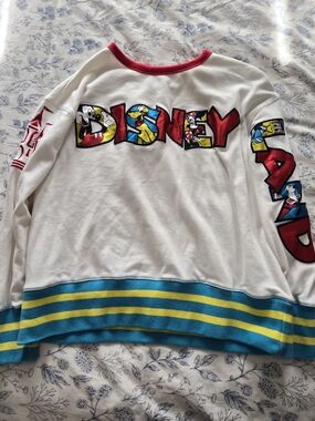 Disney Graphic Crewneck Sweatshirt - White with Blue & Yellow Stripes